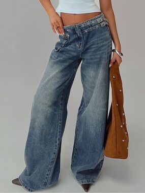 Princess Polly Paltrow Mid Rise Wide Leg Cargo Jeans Mid Blue Wash